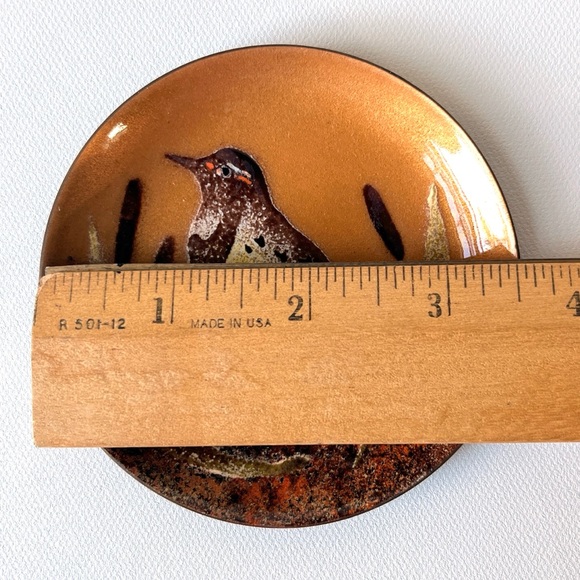 Vintage Mid Century Brotmans or Bovano Copper Enamel Cat Tails Bird Trinket Dish - Picture 5 of 6